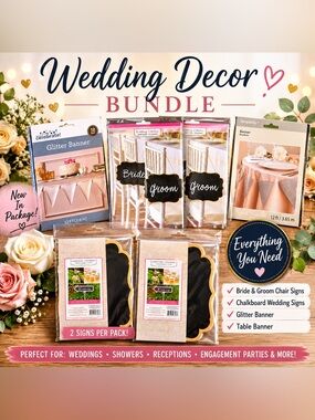 Wedding Decor Bundle-Bride & Groom Chair Signs, Banners & Chalkboard Signs- NIP